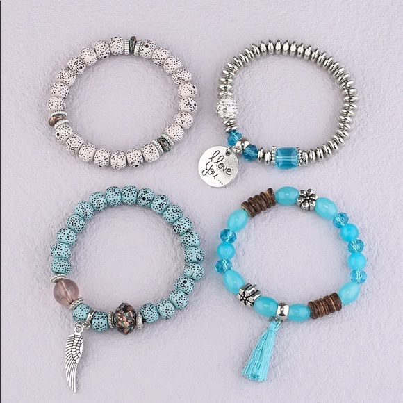 Love Wings Tassel Multilayer Bracelet Turquoise -4pcs Beaded Bracelet - Picture 4 of 4